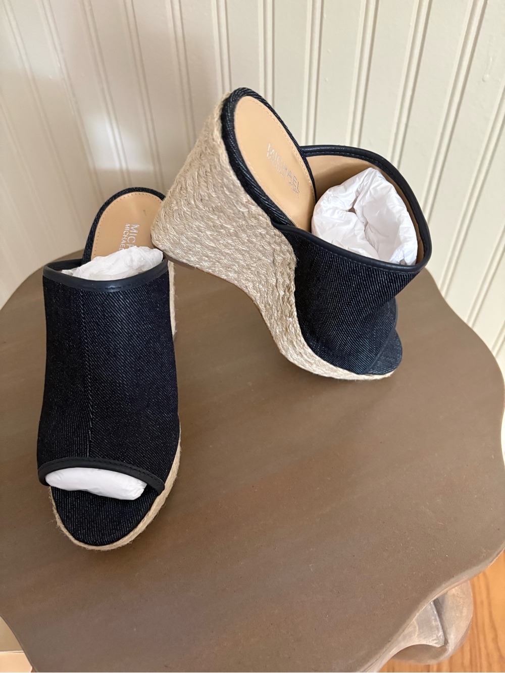 Michael Kors Black Denim Espadrille Wedge Slides